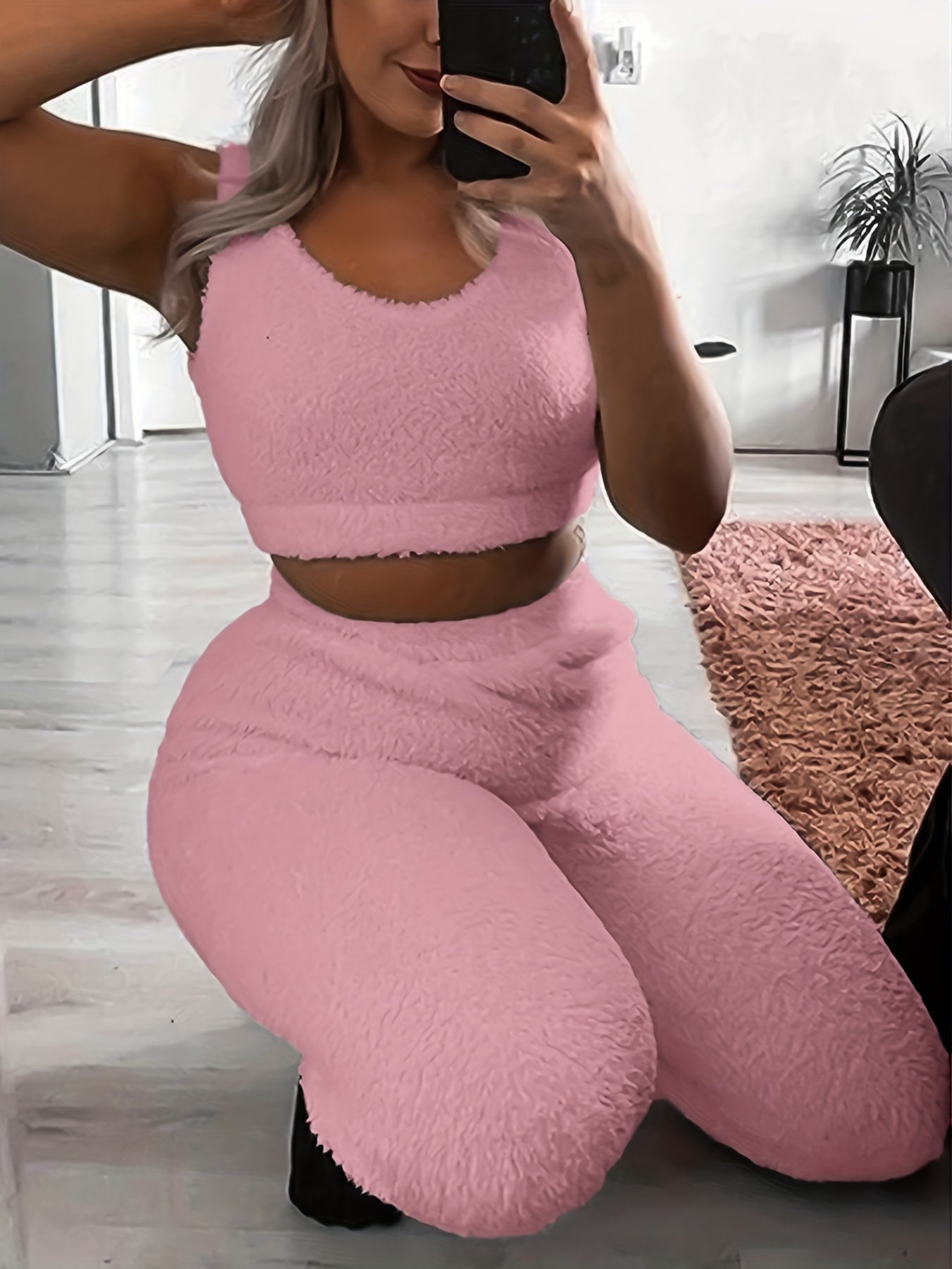 Cozy Solid Fuzzy Lounge Set - Soft Micro Elastic Polyester Tank Crop Top & Elastic Waistband Pants for Women - Machine Washable, Casual Fall/Winter Loungewear & Sleepwear for Adult
